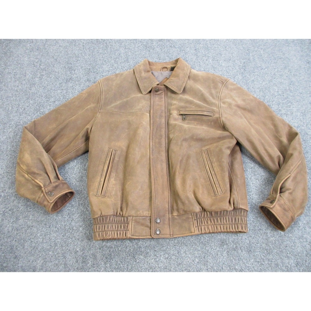 Vintage Leather Jacket Mens Medium Brown Leather Bomber Full Zip Snap 90s